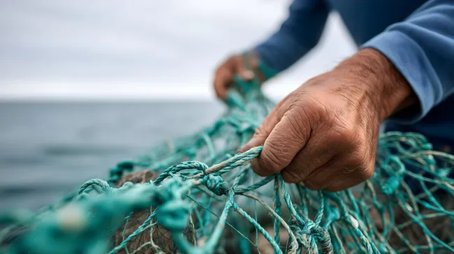 Nahaufnahme von Fischerhänden, die ein Netz spannen