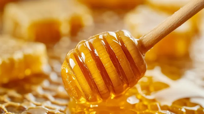 Nahaufnahme von frischem Honig auf einem Holzlöffel