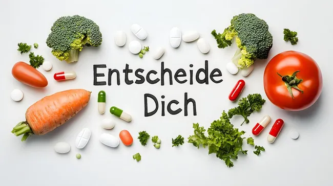 Nahaufnahme von frischem Obst und Gemüse mit Medikamenten
