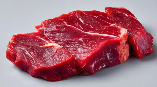 Nahaufnahme von frischem, rotem Rindfleisch auf grauem Hintergrund