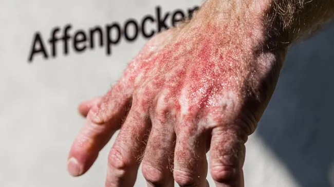 Nahaufnahme von geröteter Haut mit Affenpocken-Beschriftung