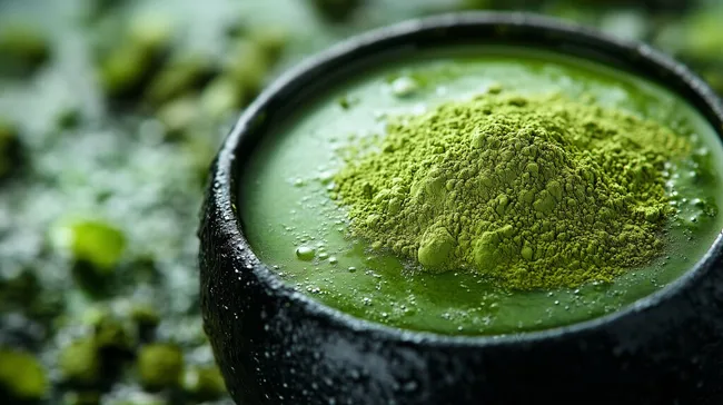 Nahaufnahme von grünem Matcha-Pulver in schwarzer Schale