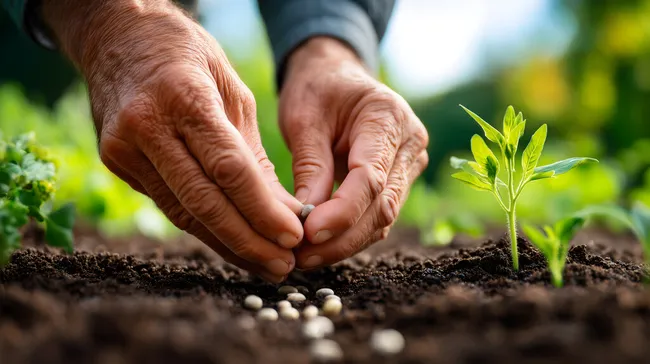 Nahaufnahme von Händen beim Säen von Samen in fruchtbare Erde