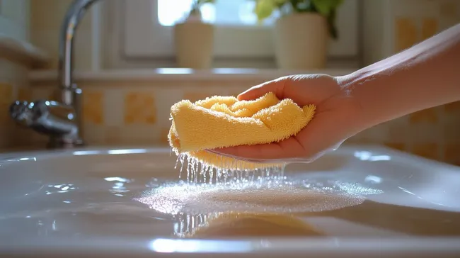 Nahaufnahme von Hand mit gelbem Reinigungstuch über Waschbecken