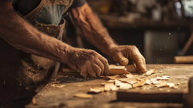 Nahaufnahme von Holzbearbeitung durch erfahrene Hände