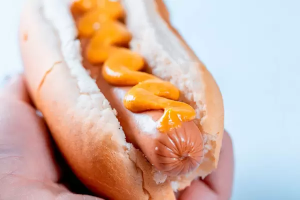 Nahaufnahme von Hotdog mit Senf in der Hand einer Person