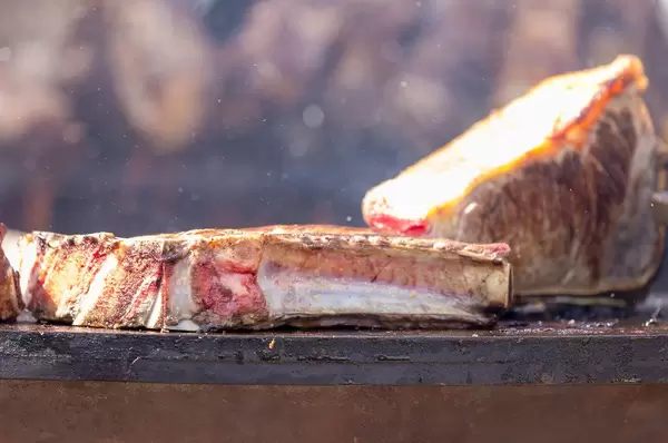 Nahaufnahme von Kotelett und Grillfleisch auf Grillplatte