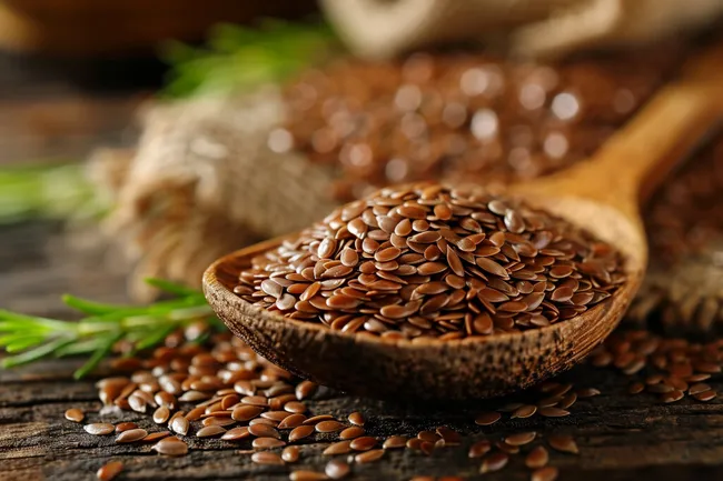 Nahaufnahme von Leinsamen in Holzschale