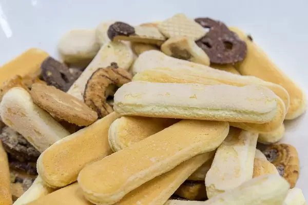 Nahaufnahme von Löffelbiskuit und Schokobiskuit in einer weißen Schale auf dem BarCamp in Bonn