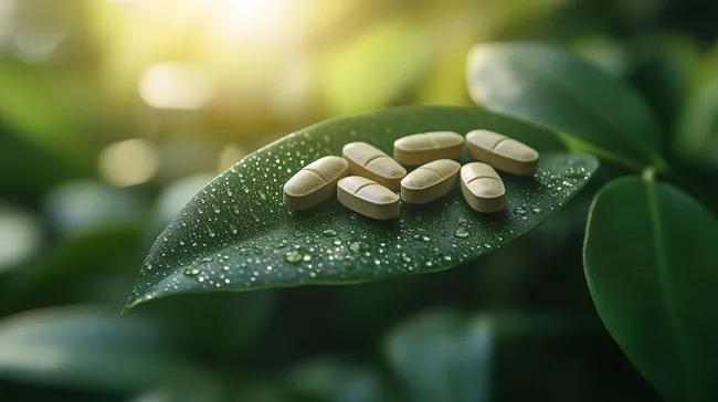 Nahaufnahme von Nahrungsergänzungsmitteln auf Blatt mit Wassertropfen