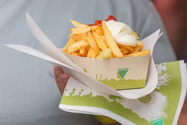 Nahaufnahme von Pommes Frites rot-weiß mit Ketchup und Mayonnaise in Pappschale