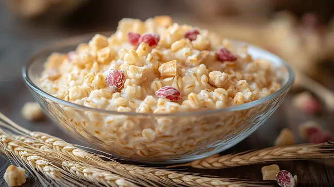 Nahaufnahme von Porridge mit Früchten und Nüssen
