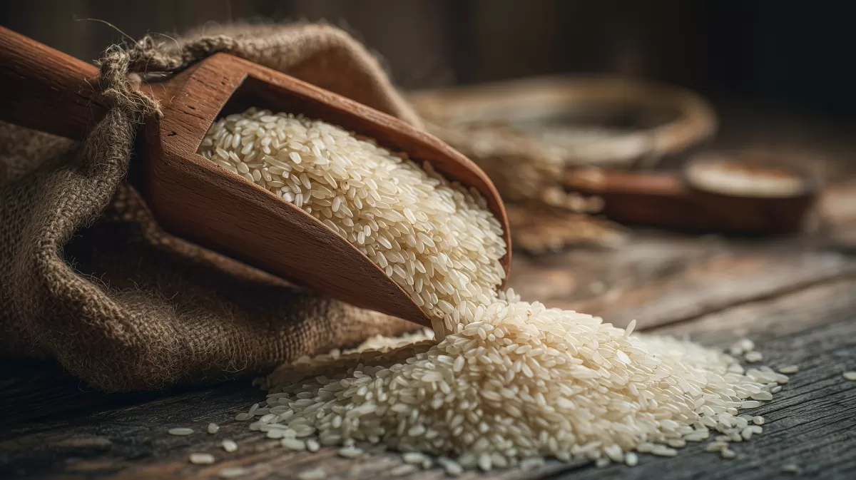 Nahaufnahme von Reis in hölzernem Behälter