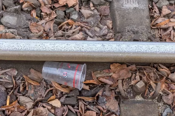 Nahaufnahme von Schiene mit Steinen, Laub und einem Plastikbecher mit Aufdruck des 1. FC Köln