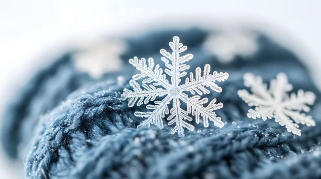 Nahaufnahme von Schneekristallen auf gestricktem Schal