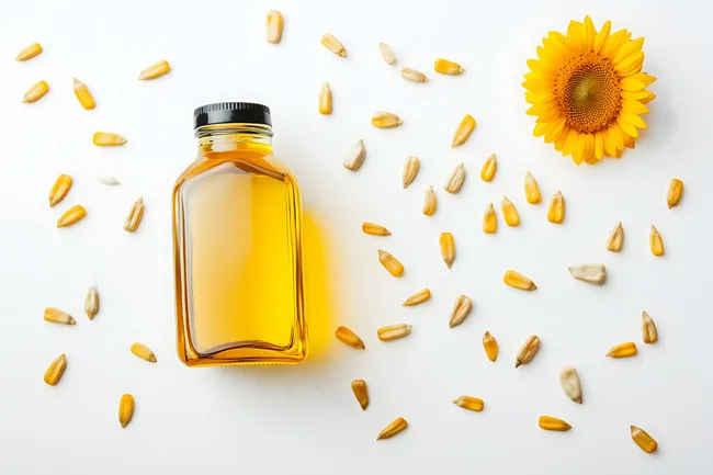 Nahaufnahme von Sonnenblumenöl und Samen auf weißem Hintergrund