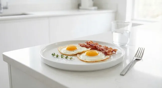 Nahaufnahme von Spiegeleier mit Speck auf weißem Teller