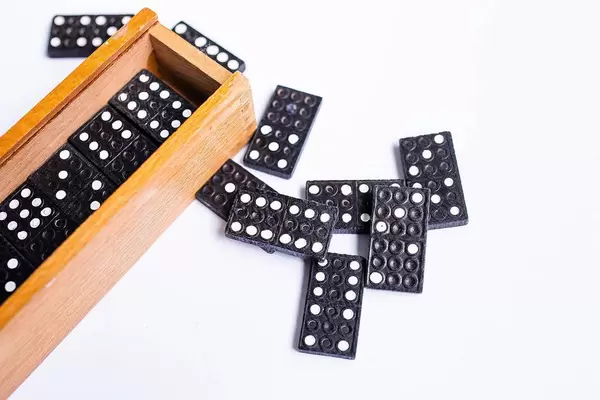 Nahaufnahme von teils ausgeräumter Spielebox mit teilweise ausgeräumten Dominosteinen