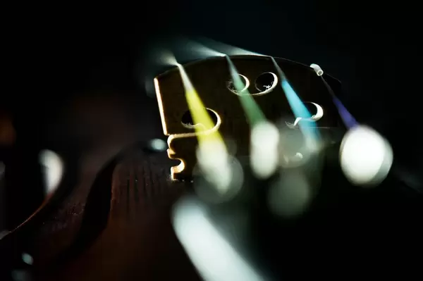 Nahaufnahme von Violinenbrücke mit dramatischem Lichteffekt im Dunkeln