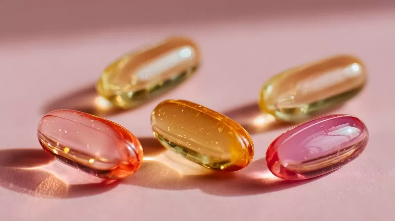 Nahrungsergänzung in Kapseln auf rosa Untergrund