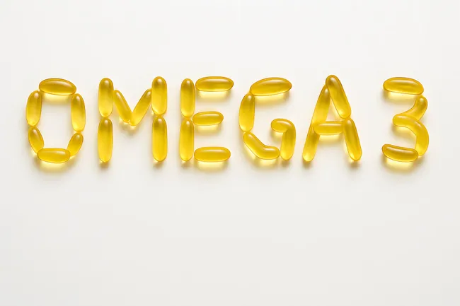 Nahrungsergänzungsmittel-Kapseln als Omega-3-Schriftzug