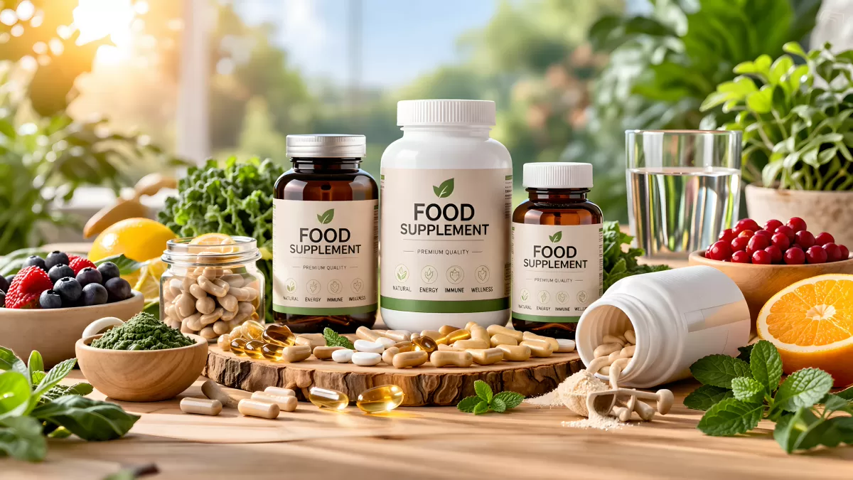 Nahrungsergänzungsmittel mit frischem Obst und Kapseln