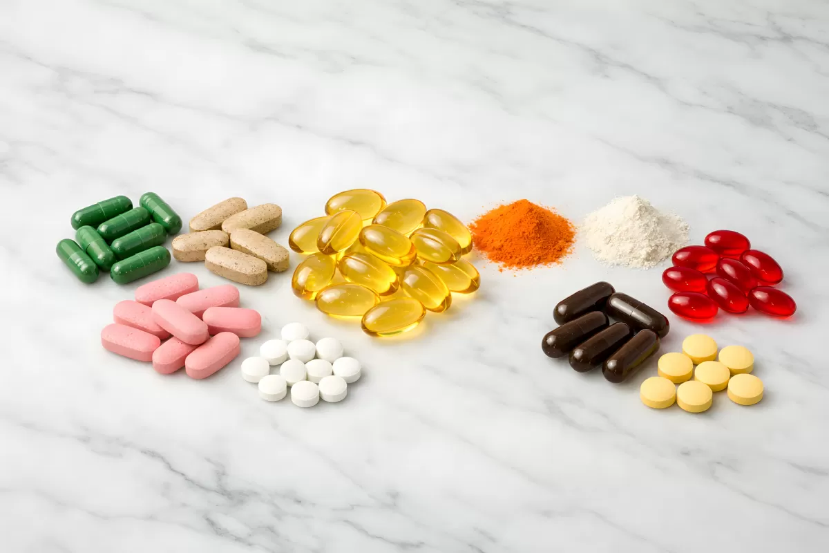 Nahrungsergänzungsmittel und Medikamente auf Marmoroberfläche kostenlos herunterladen