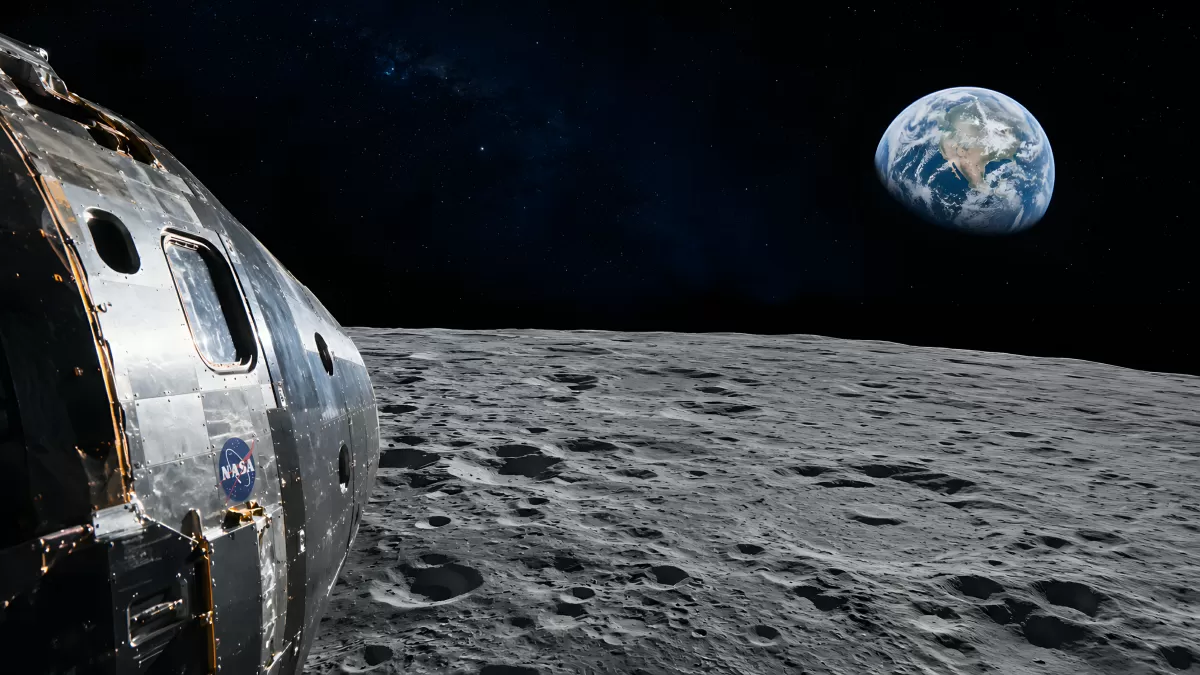 NASA-Raumkapsel auf dem Mond mit Erde im Hintergrund