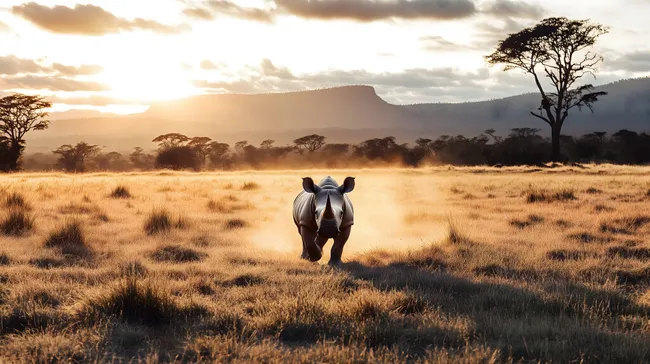Nashorn in der afrikanischen Savanne bei Sonnenuntergang