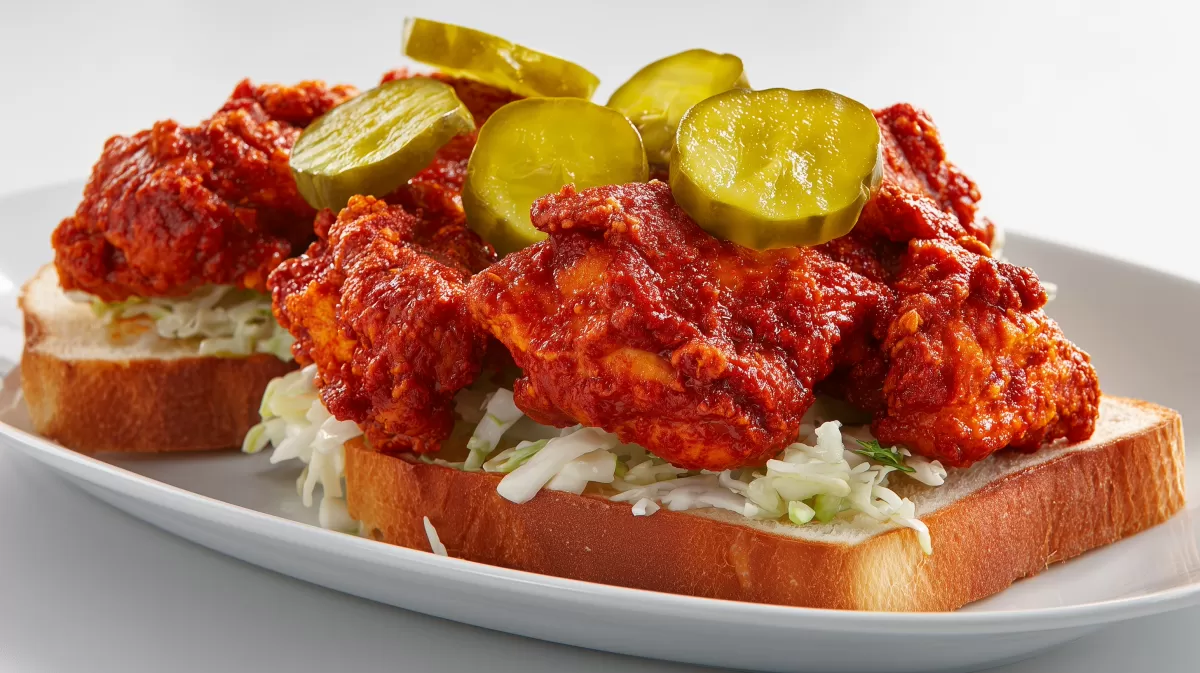 Nashville Hot Chicken auf Weißbrot mit Gurken