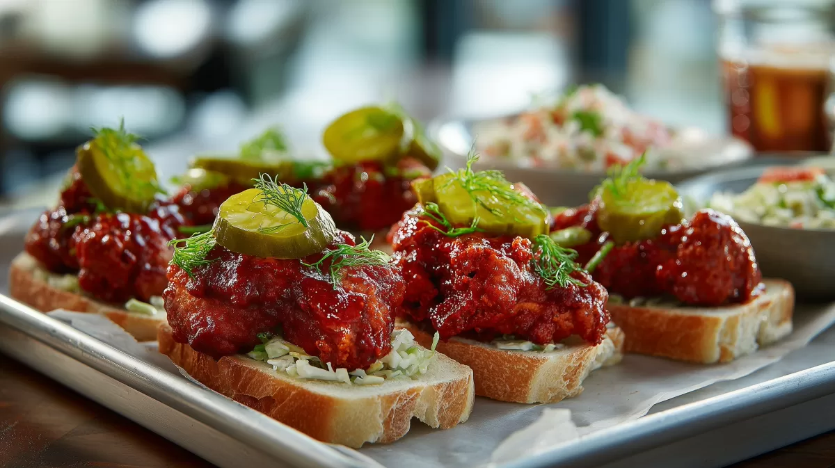 Nashville Hot Chicken auf Weißbrot mit Pickles