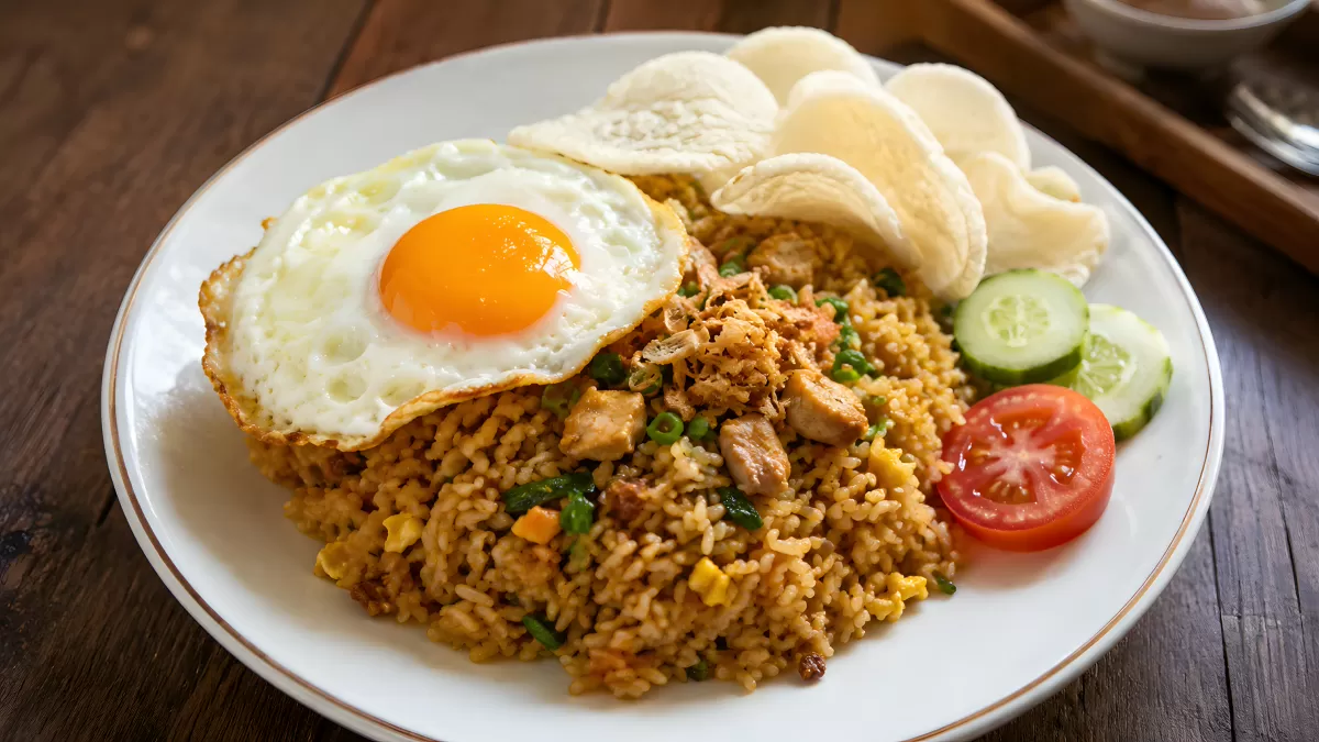 Nasi Goreng mit Spiegelei und Krabbenchips