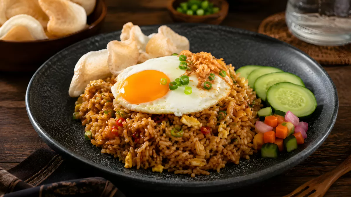 Nasi Goreng mit Spiegelei und Krupuk auf Teller