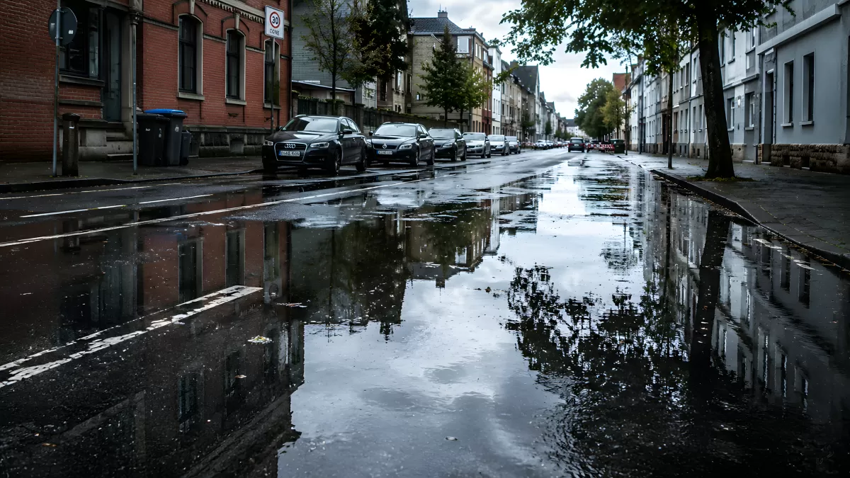 Nasse Stadtstraße mit Pfützenreflexion nach Regen