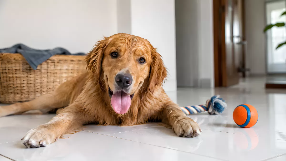 Nasser Golden Retriever liegt auf Fliesenboden mit Spielzeug