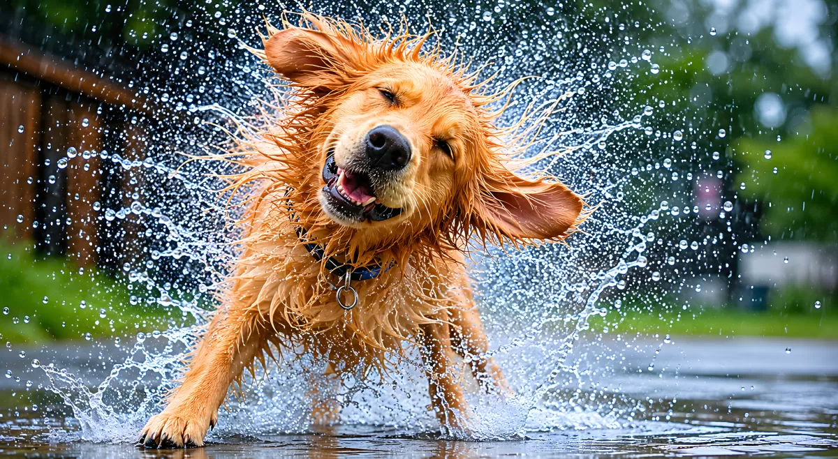 Nasser Golden Retriever schüttelt sich im Regen