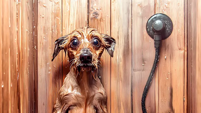 Nasser Hund mit großen Augen nach dem Baden