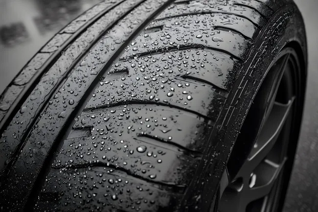 Nasser, strukturierter Autoreifen in Schwarz-Weiß