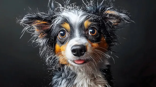 Nasser, zerzauster Hund mit großen Augen