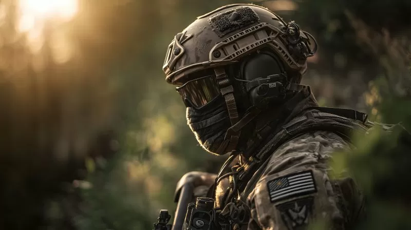 NATO Soldat mit Ausrüstung und Abzeichen auf Feldmission