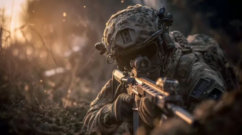 NATO Truppen mit Ausrüstung in Wüstenumgebung im Einsatz