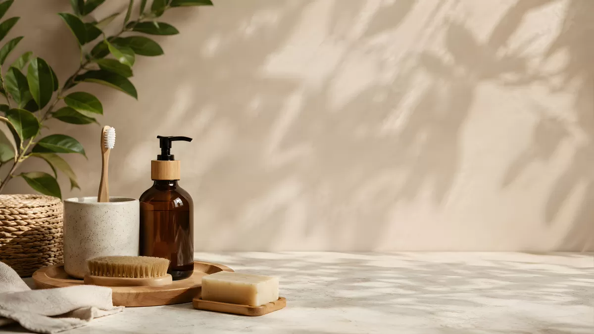 Natürliche Badezimmer-Accessoires auf Holztablett