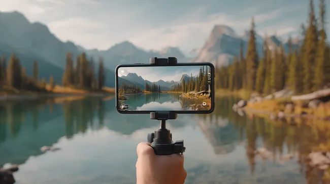 Natürliche Berglandschaft mit Bergsee und Smartphone-Kamera