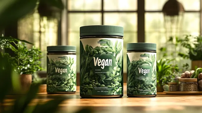 Natürliche Bio-Eiweißpulver in Glasdosen mit Blattmotiv