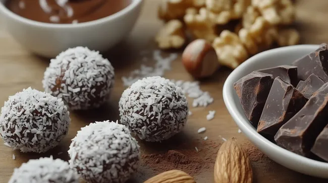 Natürliche Energiebällchen mit Kokosnuss und Nüssen
