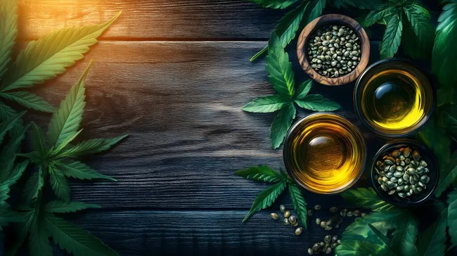 Natürliche Hanfblätter, Samen und Öl auf Holzhintergrund