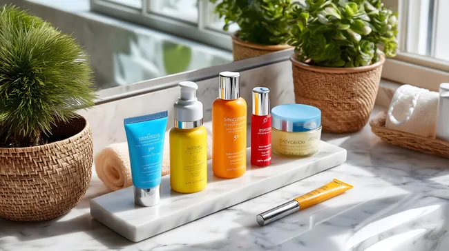 Natürliche Hautpflege-Produkte auf hellem Marmor