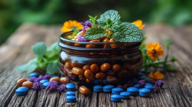 Natürliche Heilmittel in brauner Glasschale