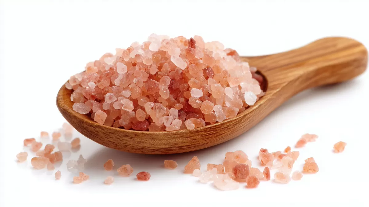 Natürliche Kristallsalzkörner in hölzernem Löffel