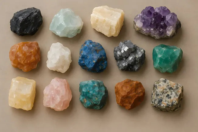 Natürliche Rohstoffe: Bunte Mineralien auf Beige